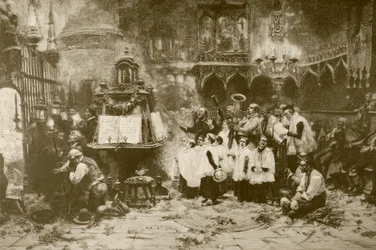 Højmessen, efter et maleri af J. Benlliure, indgraveret af M. Weber, fra 